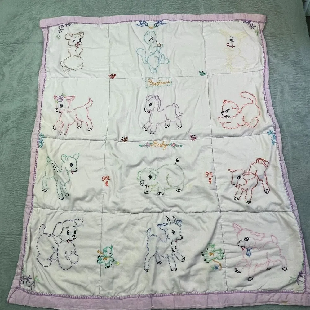 Vintage Baby Quilt Hand Embroidered Animals Pastel Crib Blanket‎ Handmade 36x30